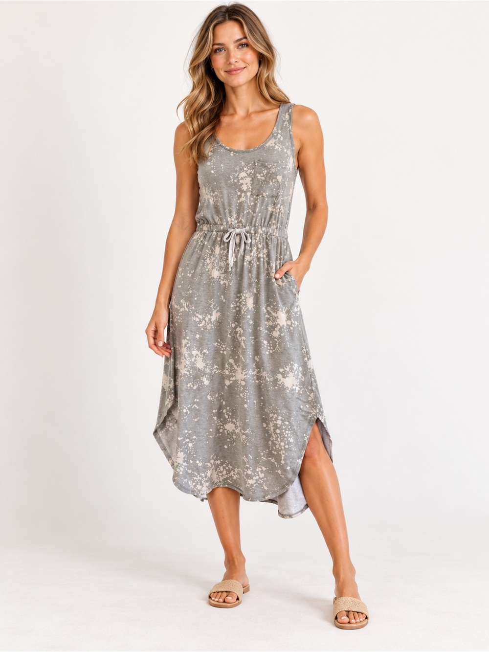 Gilli Gray Splatter Print Sleeveless Drawstring Waist Handkerchief Hem Dress S